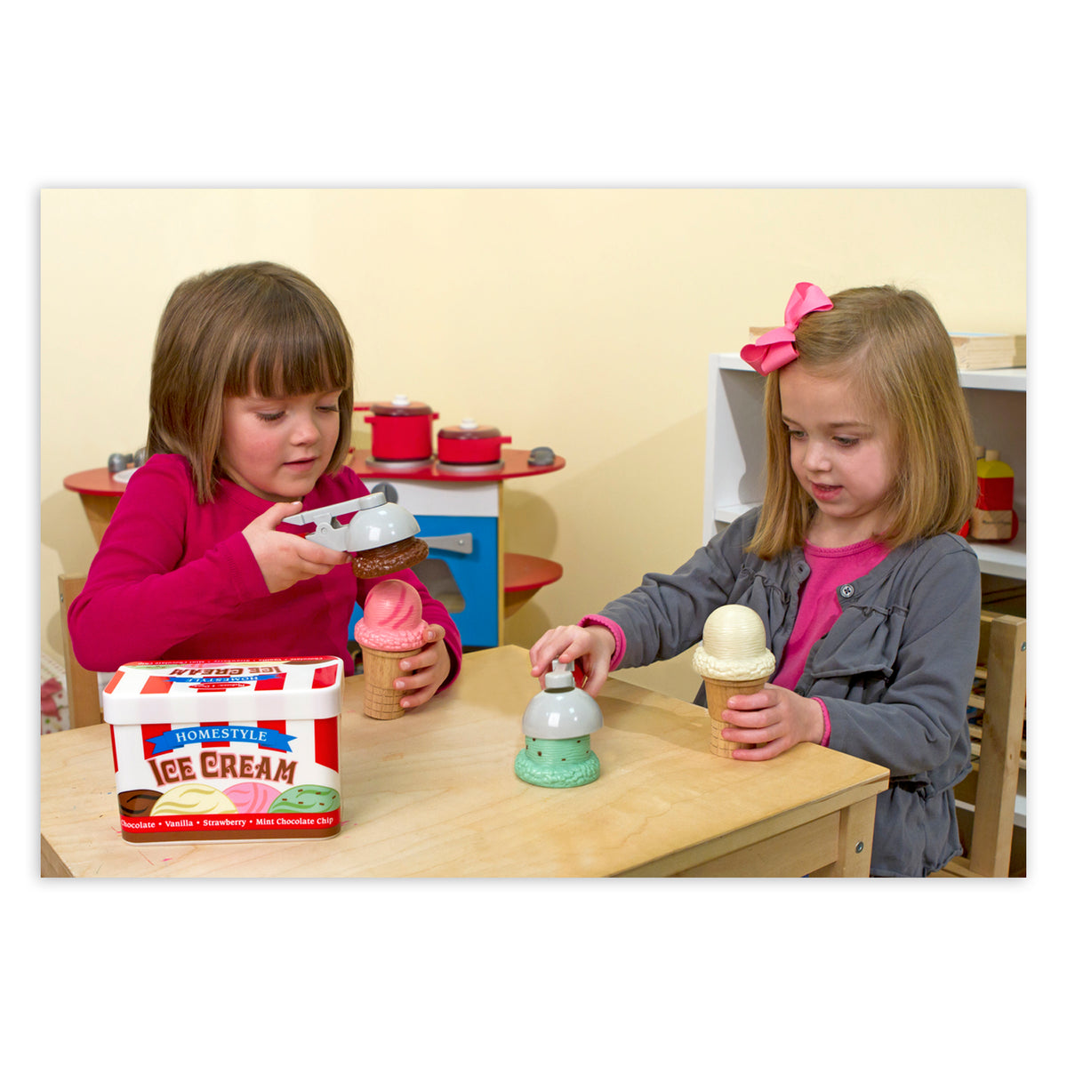 Ice Cream Shop Scoop Set with magnetic scooper, wooden cones, and play ice cream in pink and white