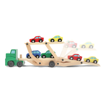 Melissa & Doug Wooden Car Carrier Truck with 4 colorful wooden cars in red, yellow, blue, and green