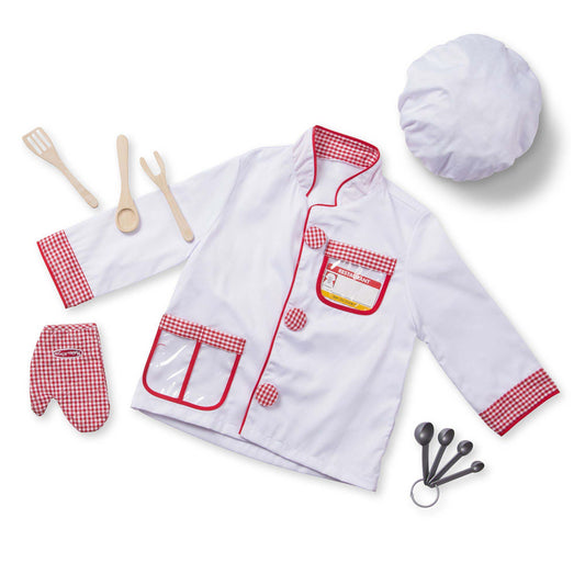 Melissa & Doug Chef Role Play Costume Set with white coat, red gingham accents, chef hat, and accessories