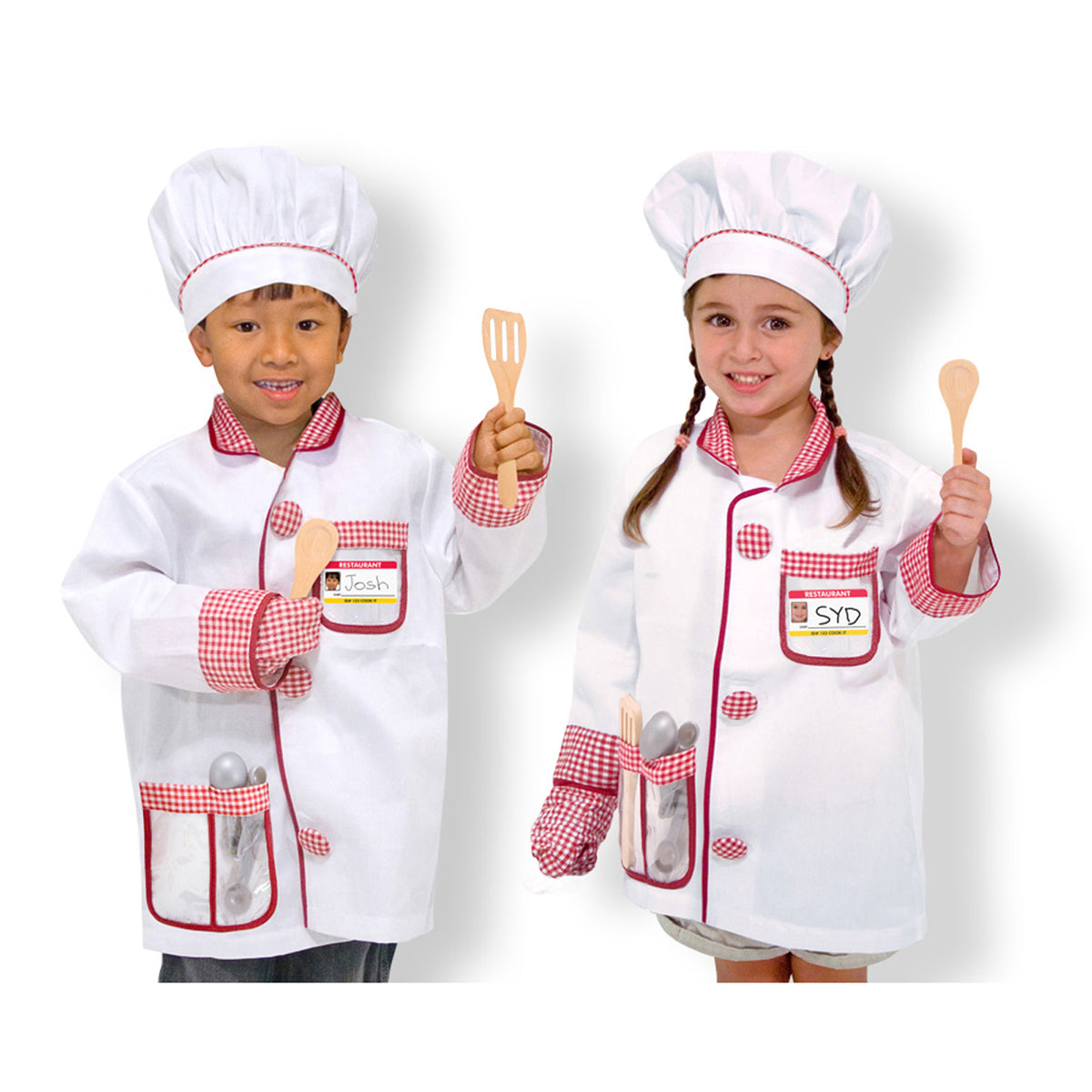 Chef Role Play Costume Set with white coat, red gingham trim, chef hat, and wooden accessories