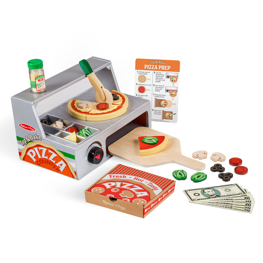 Melissa & Doug Top & Bake Pizza Counter Chef Play Set with wooden pizza, toppings, and play money