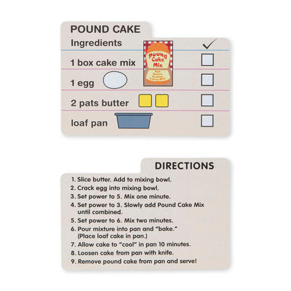 Melissa & Doug Make-a-Cake Mixer Set with pound cake recipe card and ingredients checklist