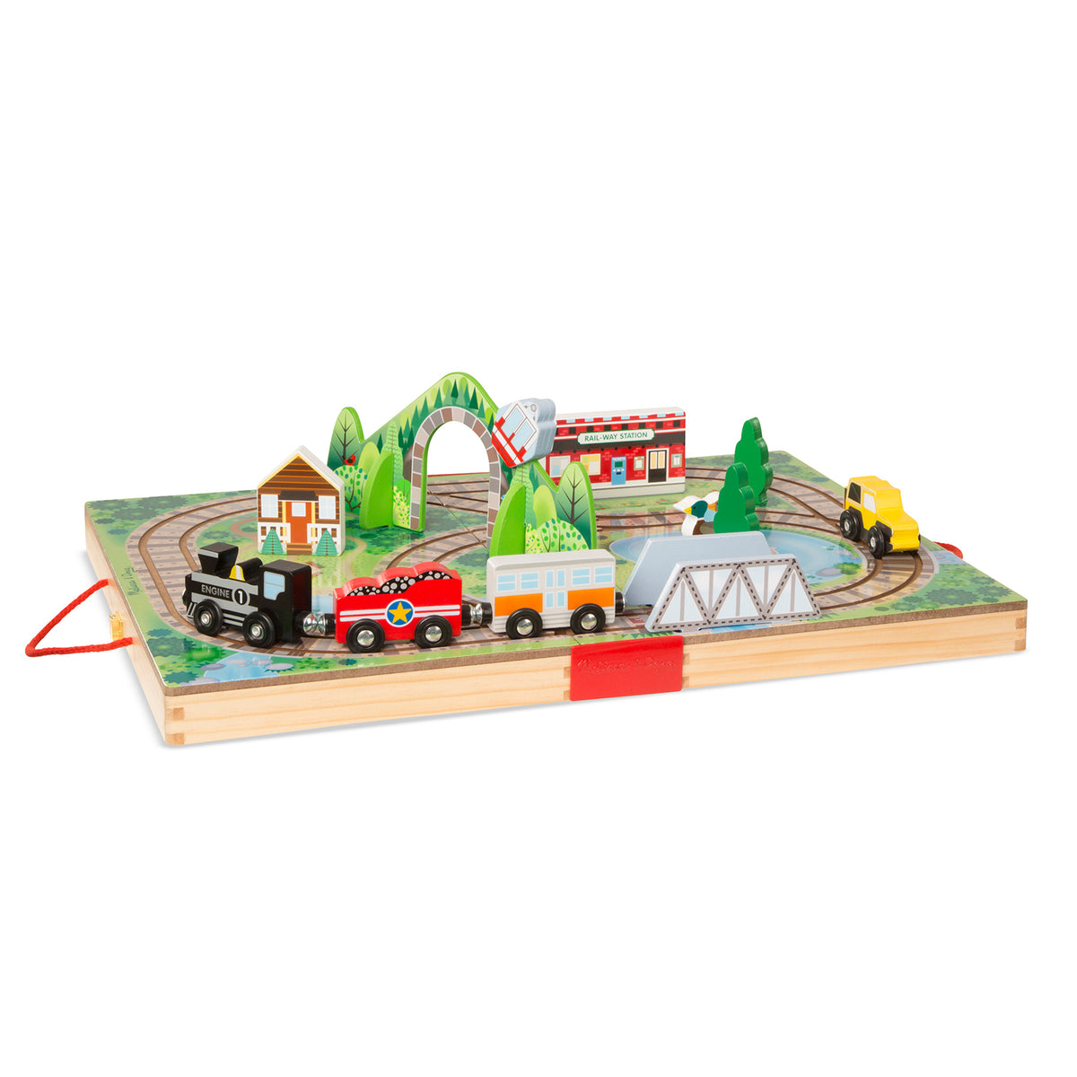Melissa & Doug Take Along Railroad wooden train set with colorful trains, tracks, and play case