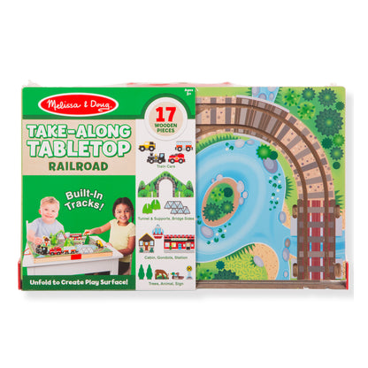 Melissa & Doug Take Along Railroad wooden train set with 17 pieces and built-in tracks on play surface