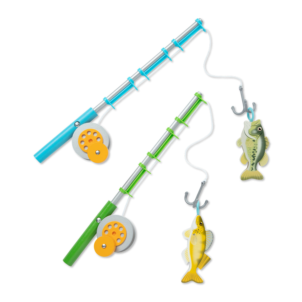 Melissa & Doug Let's Explore Fishing Play Set with blue and green rods, reels, and colorful fish lures