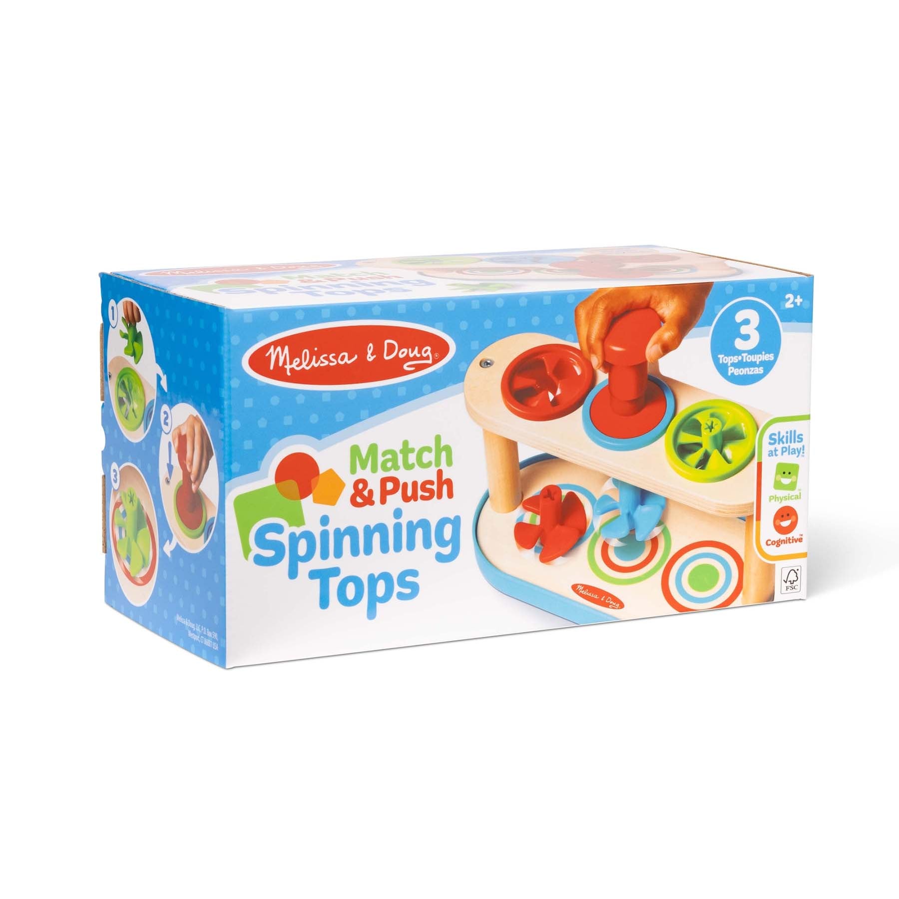 Melissa & Doug Match & Push Spinning Tops wooden toy with colorful red, blue, and yellow spinning tops in packaging