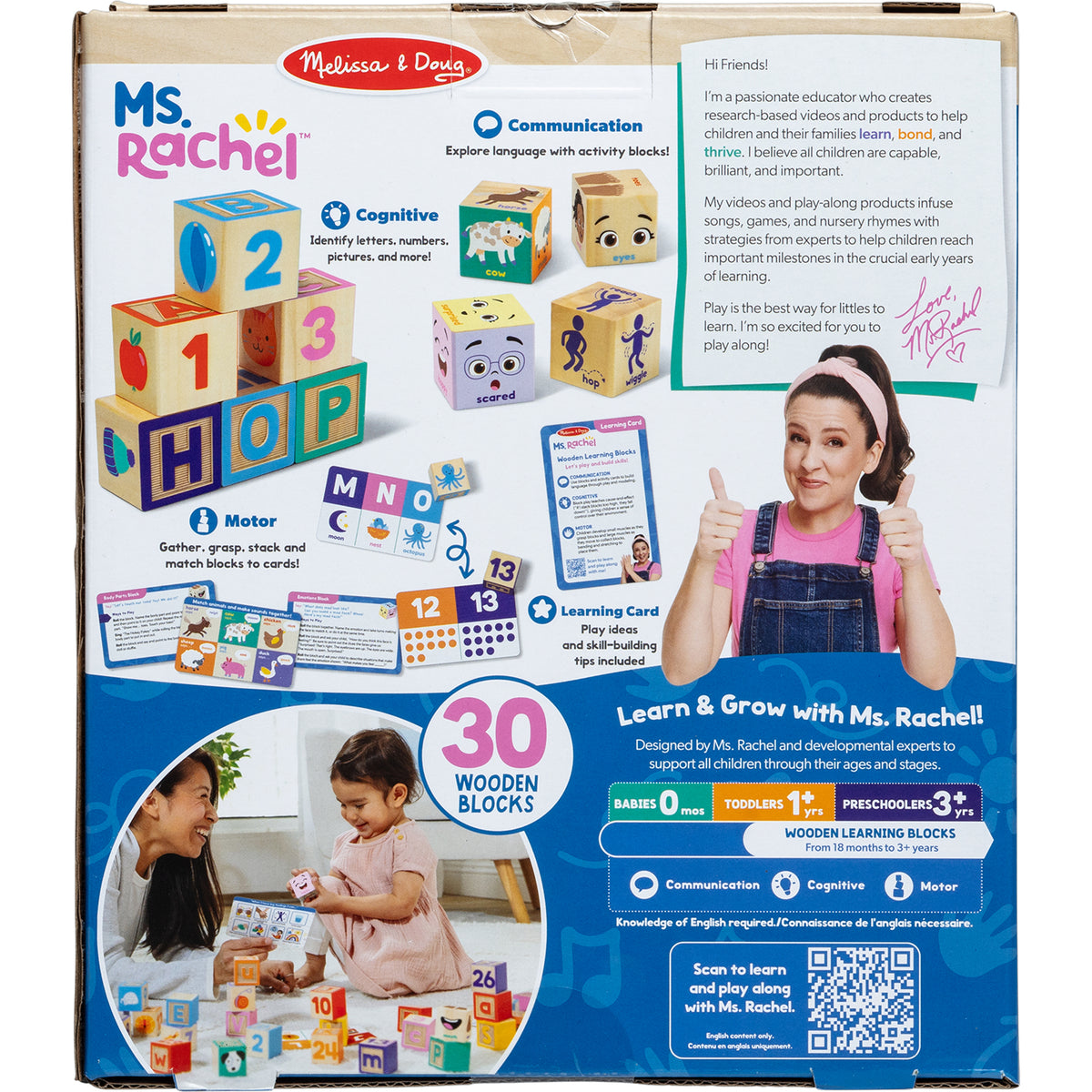Ms. Rachel Wooden Learning Blocks 30-piece set with colorful numbered blocks and activity cards for toddlers