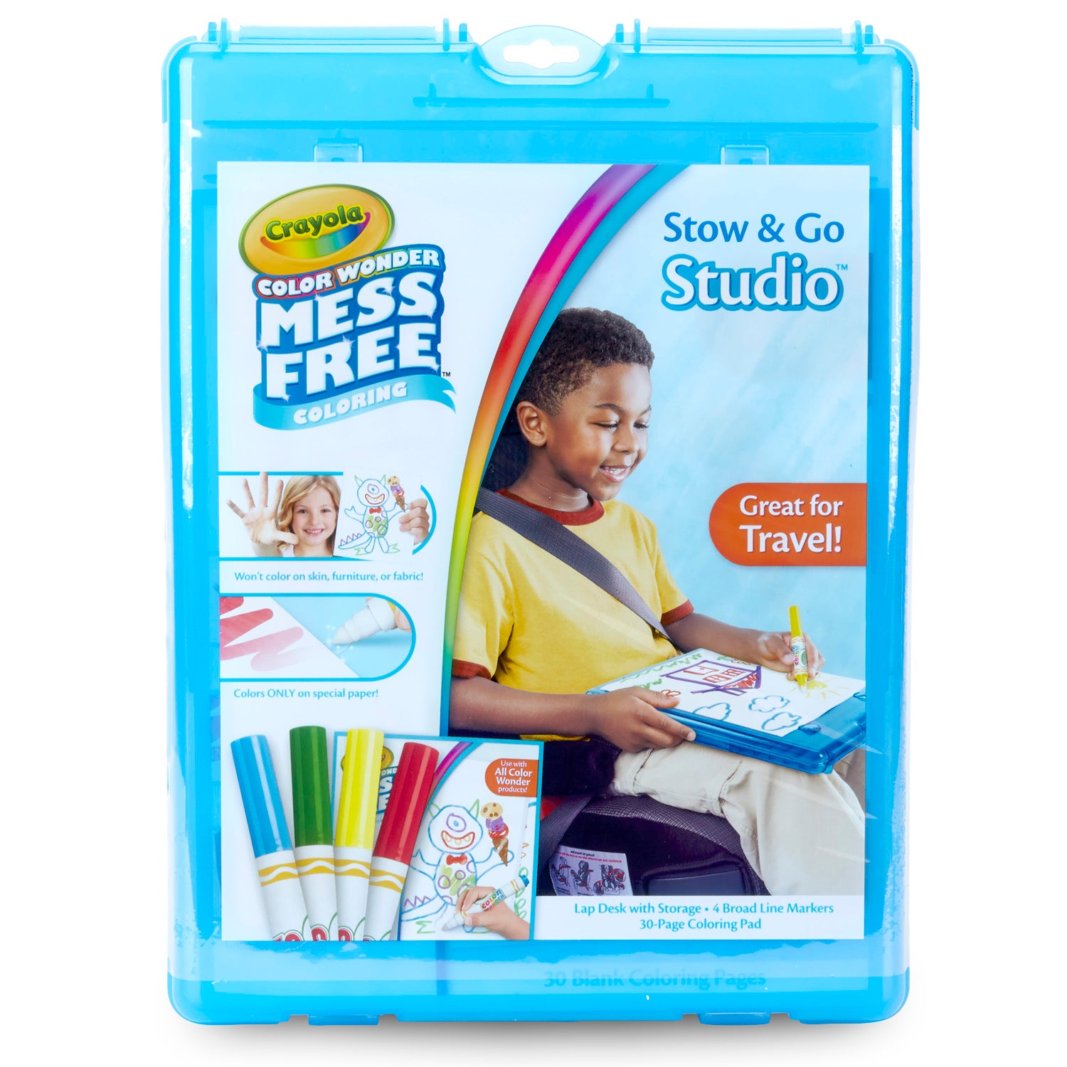 Crayola Color Wonder Mess Free Stow & Go Studio travel kit in blue carrying case, modeled by a child coloring on lap desk with markers and 30-page pad