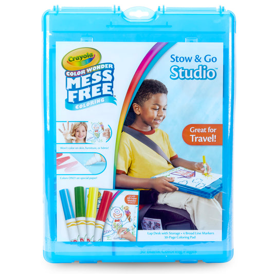 Crayola Color Wonder Mess Free Stow & Go Studio travel kit in blue carrying case, modeled by a child coloring on lap desk with markers and 30-page pad