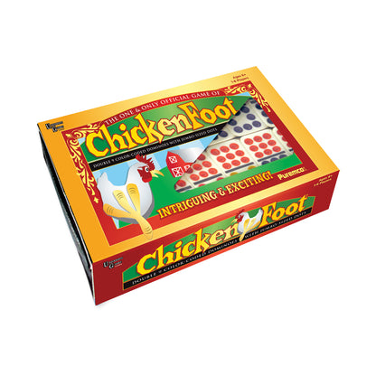 ChickenFoot Double 9 Color Dot Professional Dominoes Set box with yellow and red packaging, showing colorful dominoes inside