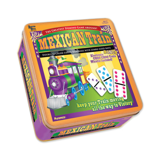 Mexican Train Double 12 Color Dot Dominoes Game Set in tin box with colorful train illustration and dominoes displayed on front