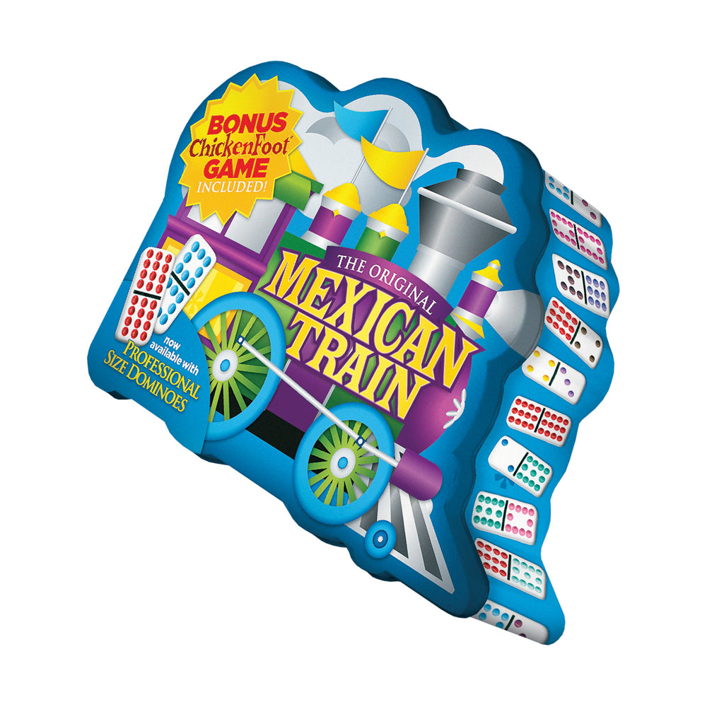 Mexican Train Deluxe Double 12 Domino Set with electronic centerpiece, domino tiles displayed on blue box packaging