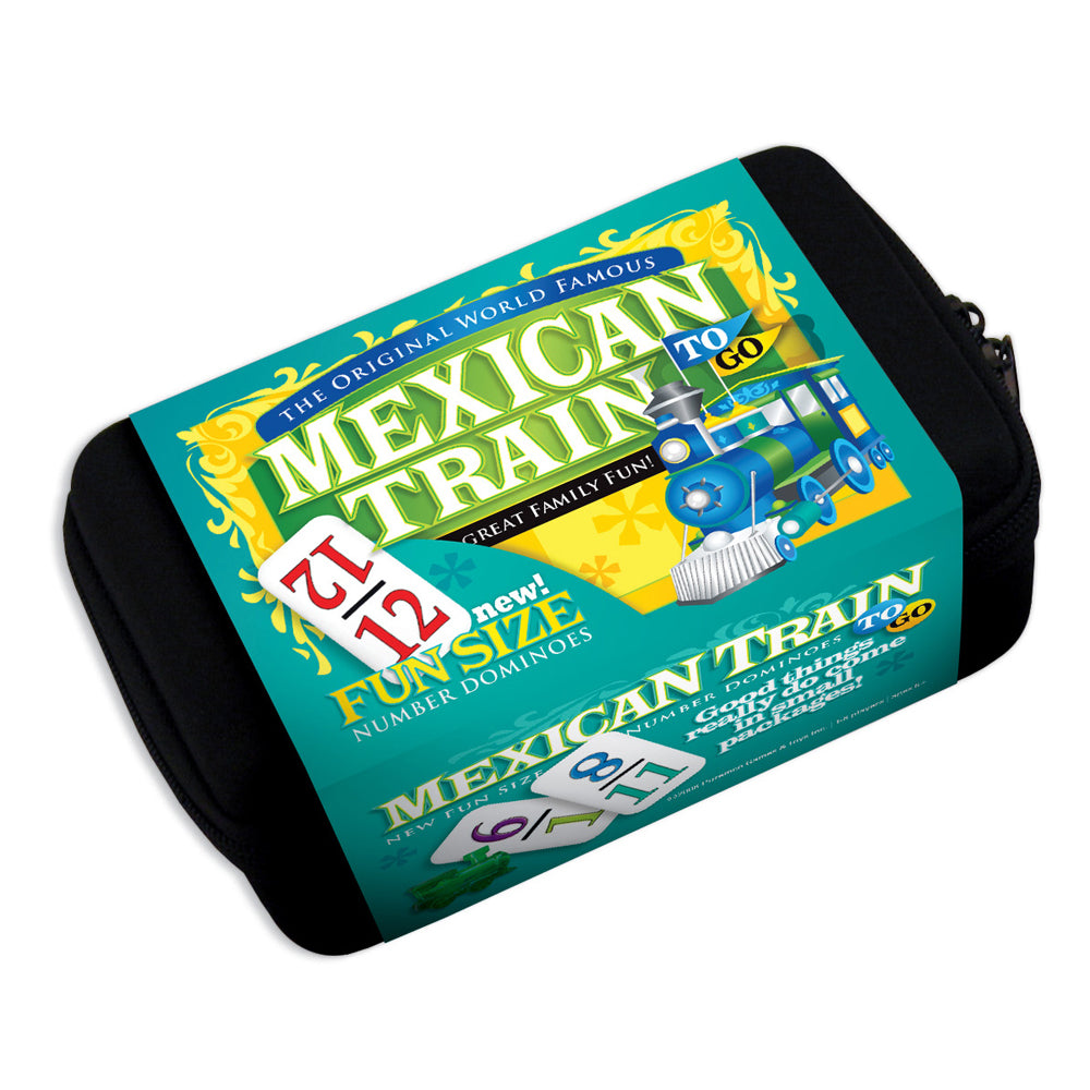Mexican Train To Go number dominoes set in turquoise box with black carrying case, displayed on plain background