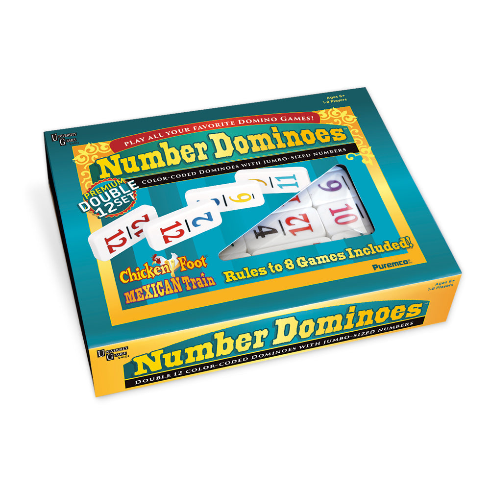 Number Dominoes Premium Double 12 Set box showing color-coded domino tiles with jumbo-sized numbers, includes rules for 8 games including Chicken Foot and Mexic