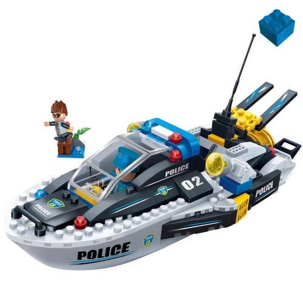 BanBao Police Series building set with black and white police speedboat, minifigure, yellow accessories, blue brick, and white base pieces on plain background