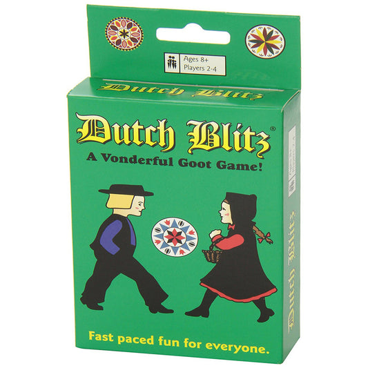 Dutch Blitz card game box with green background, featuring illustrated Dutch figures and decorative circular patterns, ages 8+, 2-4 players