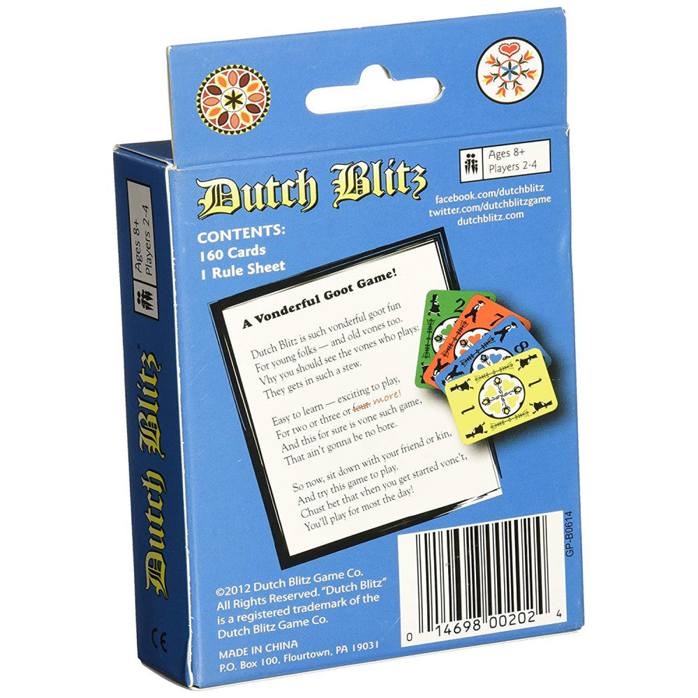 Dutch Blitz Blue Expansion Pack Card Game box showing blue packaging with gold lettering, game contents of 160 cards and rule sheet, ages 8+, 2-4 players