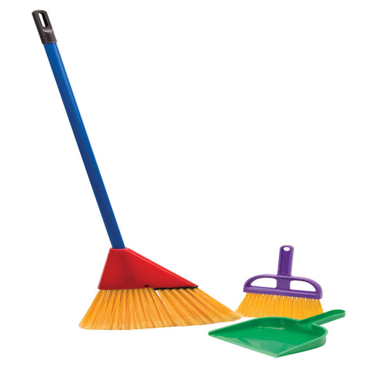 Three-piece toy cleaning set with blue-handled broom with red and yellow bristles, purple-handled dustpan with yellow bristles, and green dustpan