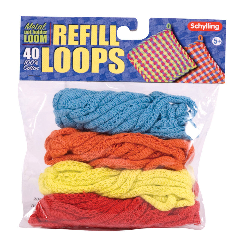 Schylling Metal Potholder Loom refill pack with 40 cotton loops in blue, orange, yellow, and red