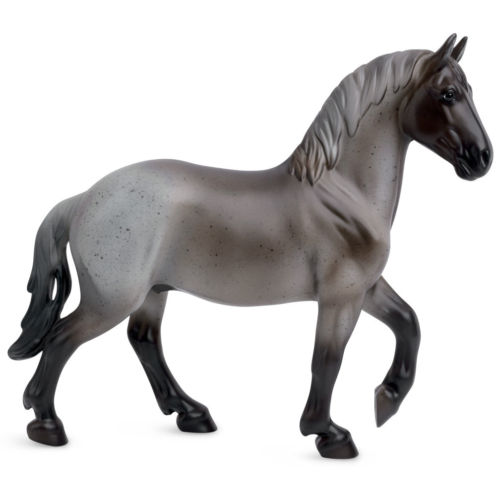 Gray and black Breyer model horse with black mane, tail, and hooves on plain white background