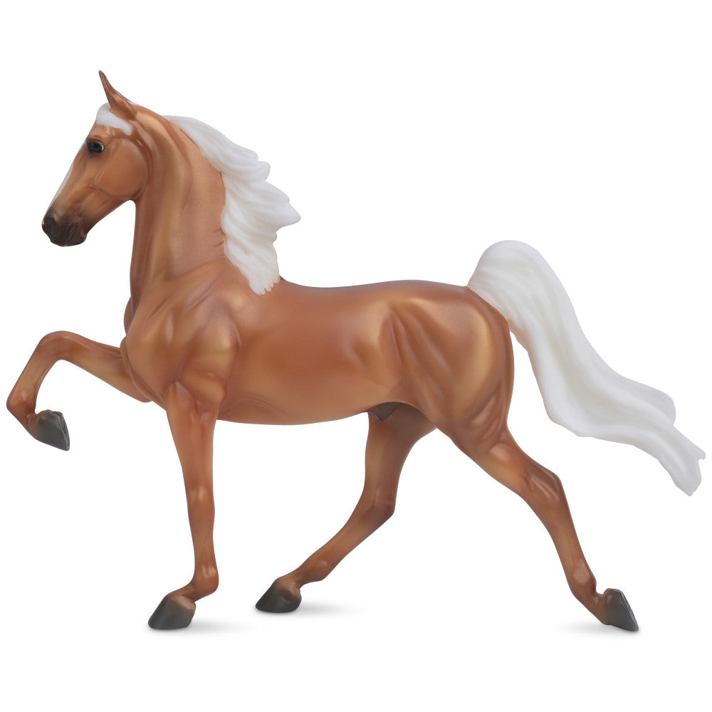 Brown horse with white mane and tail in prancing pose against plain background