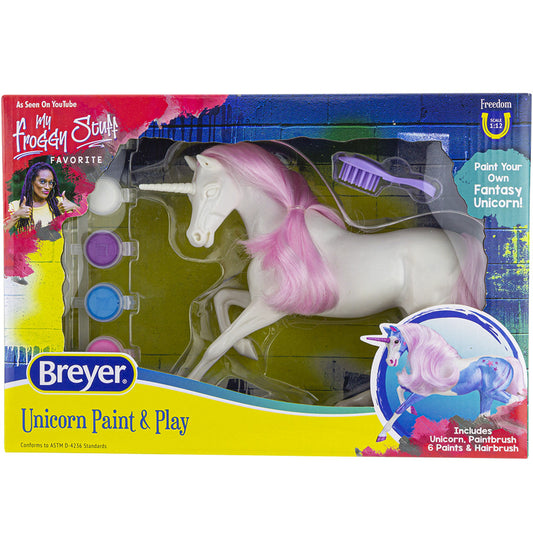 Breyer Unicorn Paint & Play set with white unicorn figure, pink mane and tail, paintbrush, six paint colors, and hairbrush included