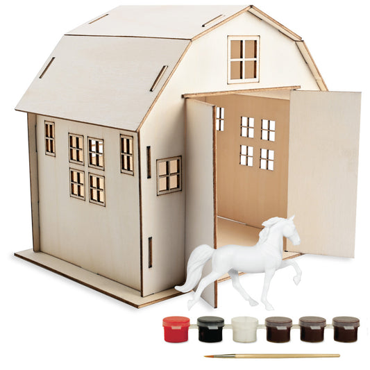 Wooden barn craft kit with white horse figurine, paint palette in multiple colors, and paintbrush included