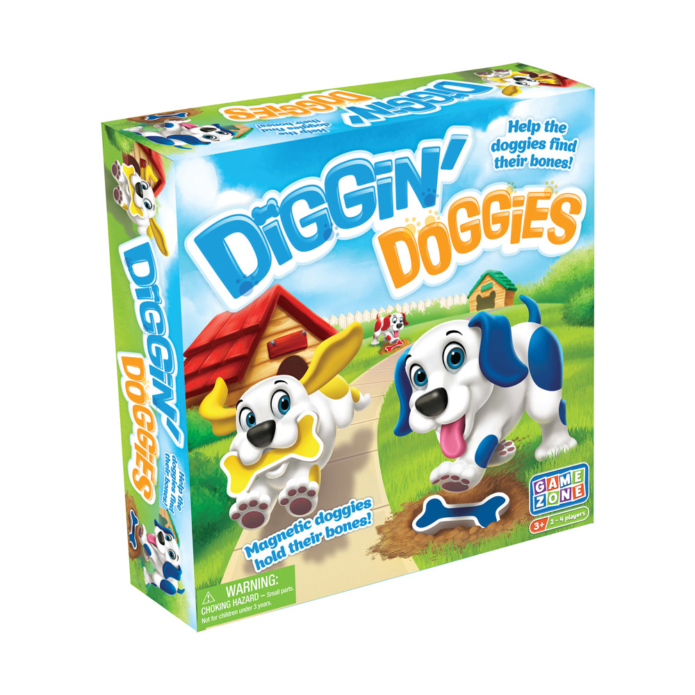 Diggin' Doggies board game box showing two cartoon dogs with magnetic bones, a red doghouse, and green yard scene with text 'Help the doggies find their bones'