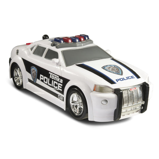 Tonka Mighty Motorized white and black police cruiser toy with lights on roof and grille detail on plain background