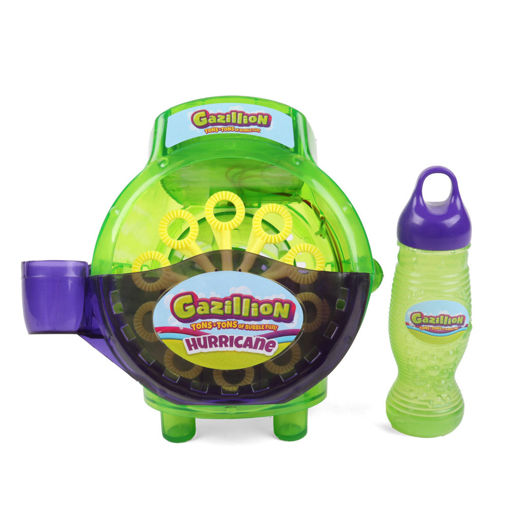 Gazillion Hurricane bubble blower machine in bright green and purple with yellow bubble wands inside, includes matching green bubble solution bottle with purple