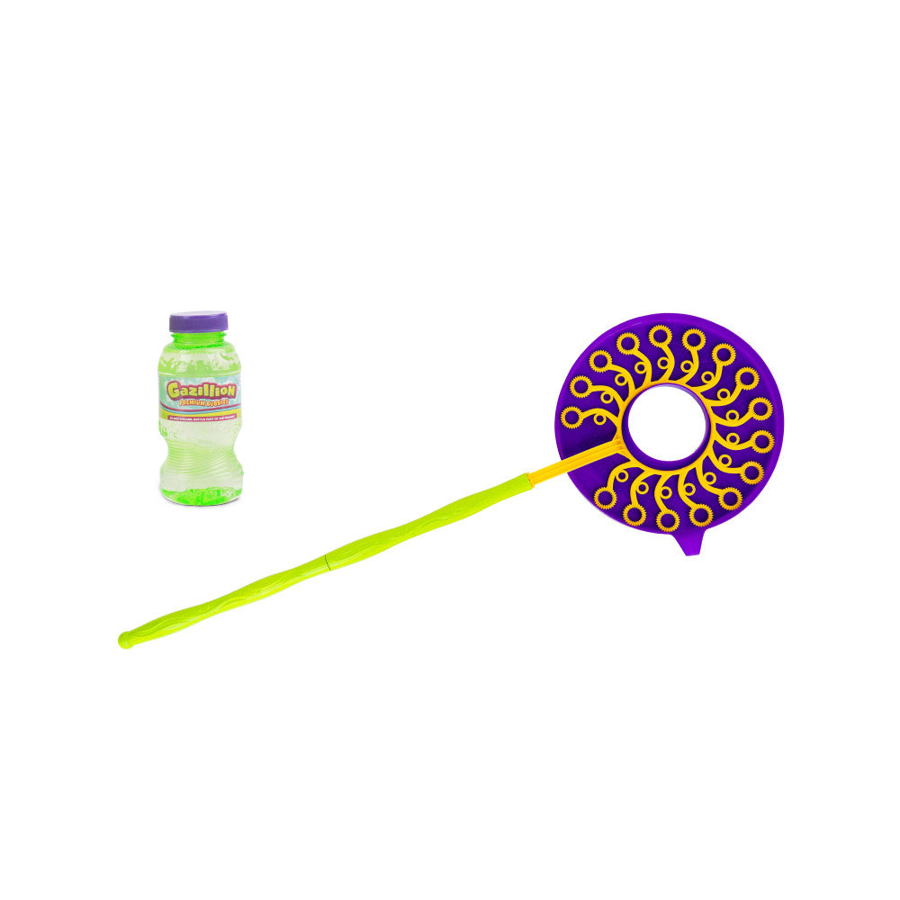 Gazillion bubble wand with lime-green handle and purple ring featuring yellow loop details, shown with bubble solution bottle
