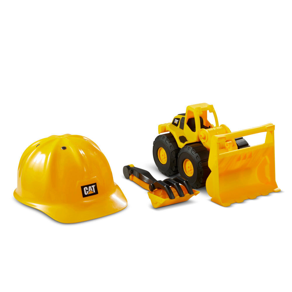 CAT Construction Fleet set with yellow hard hat, yellow wheel loader toy with black tires, and yellow sand shovel with orange handle