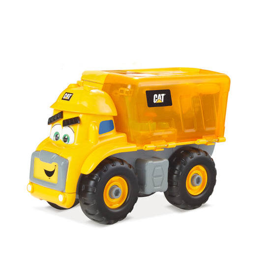 Yellow CAT dump truck toy with anthropomorphic face, black tires with yellow rims, and orange dump bed on plain white background