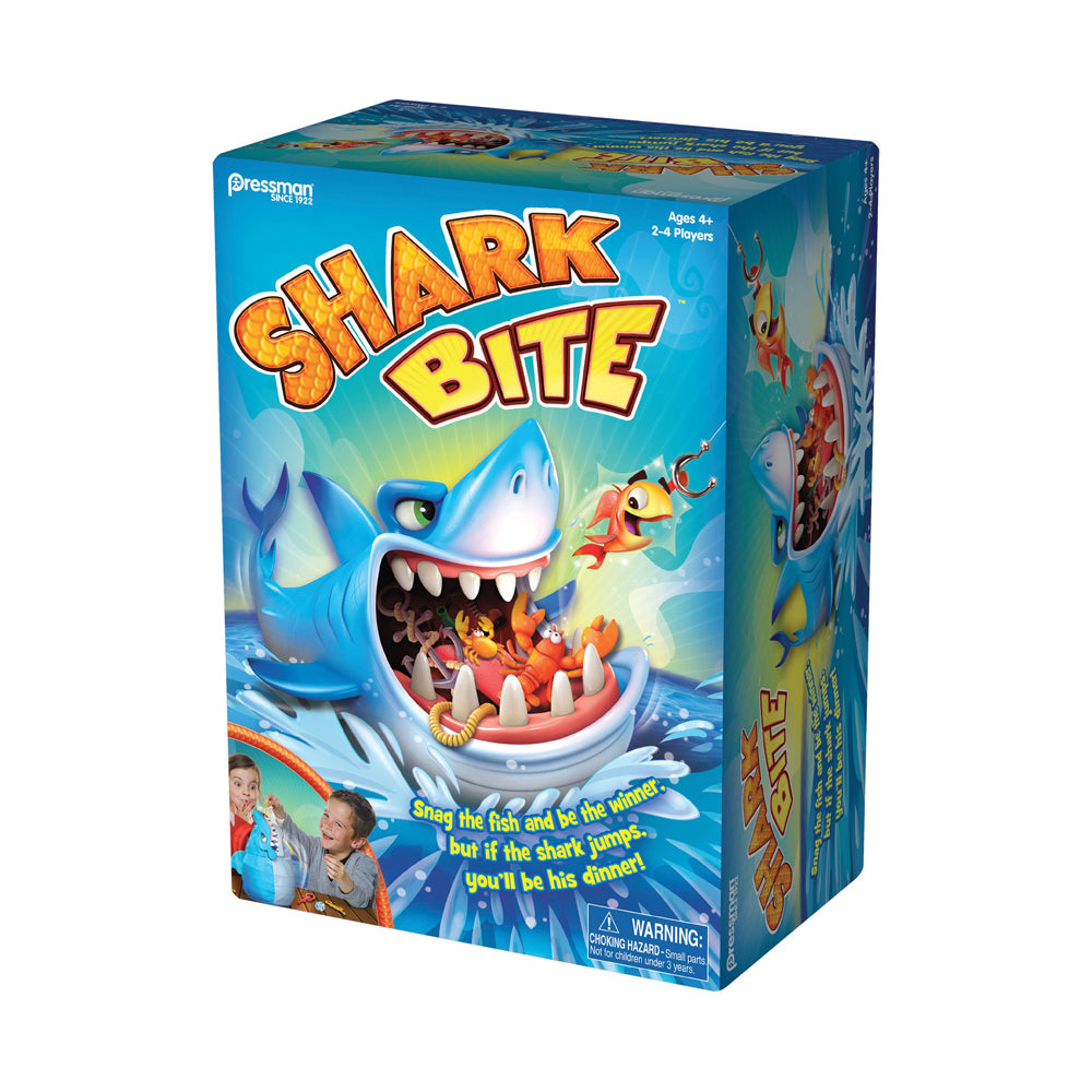 Shark Bite board game box by Pressman, featuring a large blue shark with open mouth and colorful fish inside, for ages 4 and up, 2-4 players