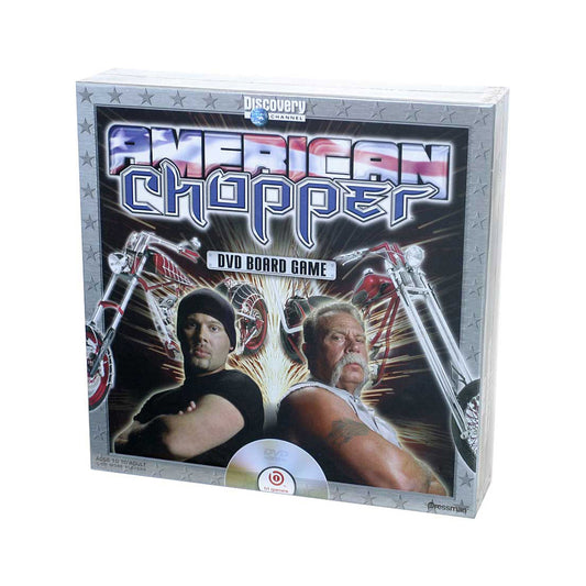 American Chopper Discovery Channel DVD Board Game box featuring two men and custom motorcycles on silver star-patterned packaging