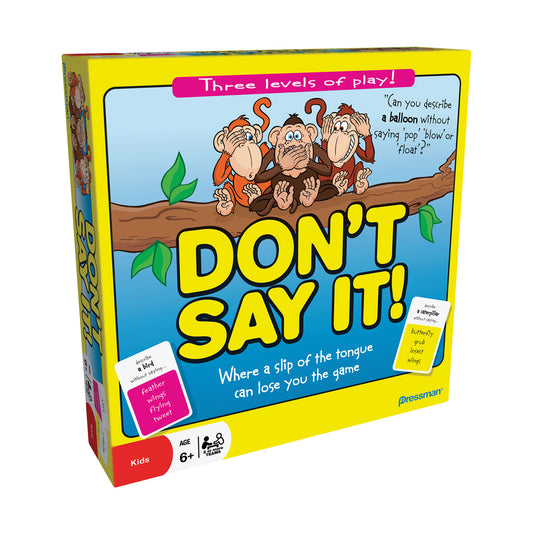 Don't Say It! board game box featuring three cartoon monkeys on a branch, yellow background, tagline 'Where a slip of the tongue can lose you the game', age 6+