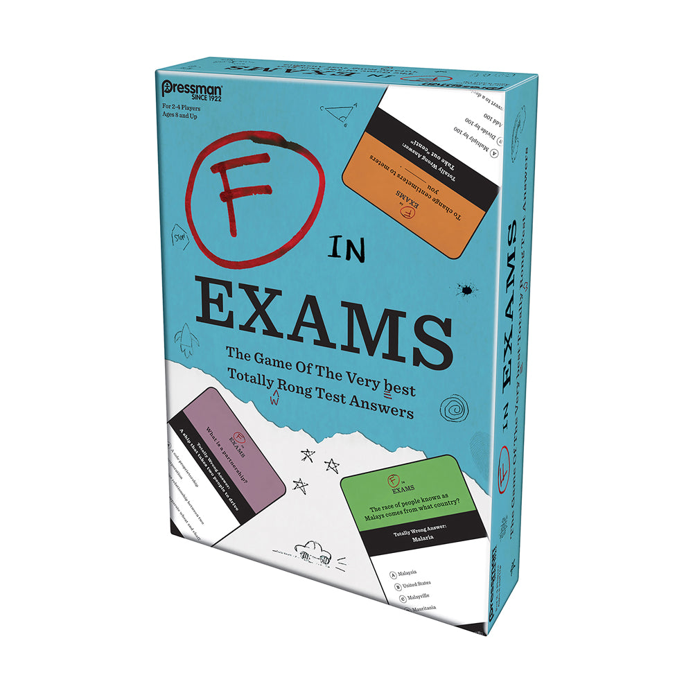 F in Exams board game box featuring blue packaging with red circled F logo, game cards and answer tiles displayed on front