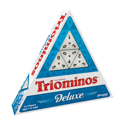 Tri-Ominos Deluxe Edition game box with triangular tile pieces numbered 0-5 displayed on blue and white pyramid-shaped packaging