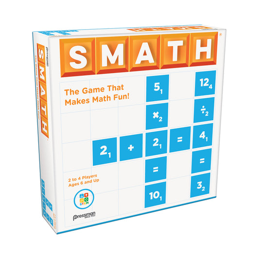SMATH board game box showing orange title lettering, game grid with blue and white tiles displaying numbers and math symbols, tagline 'The Game That Makes Math