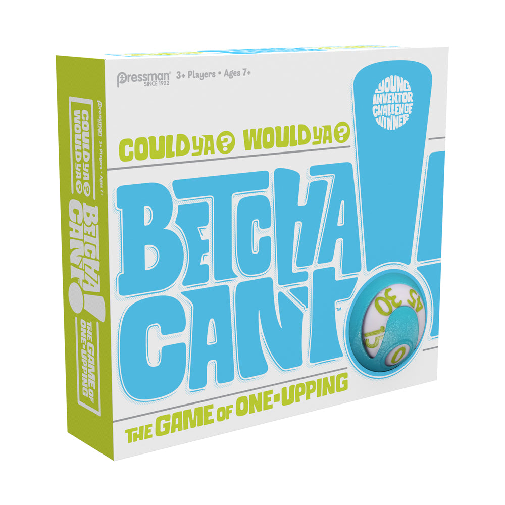 Betcha Can't! board game box by Pressman, green and blue packaging for ages 7+, 3+ players, featuring large blue letters and "The Game of One-Upping" tagline