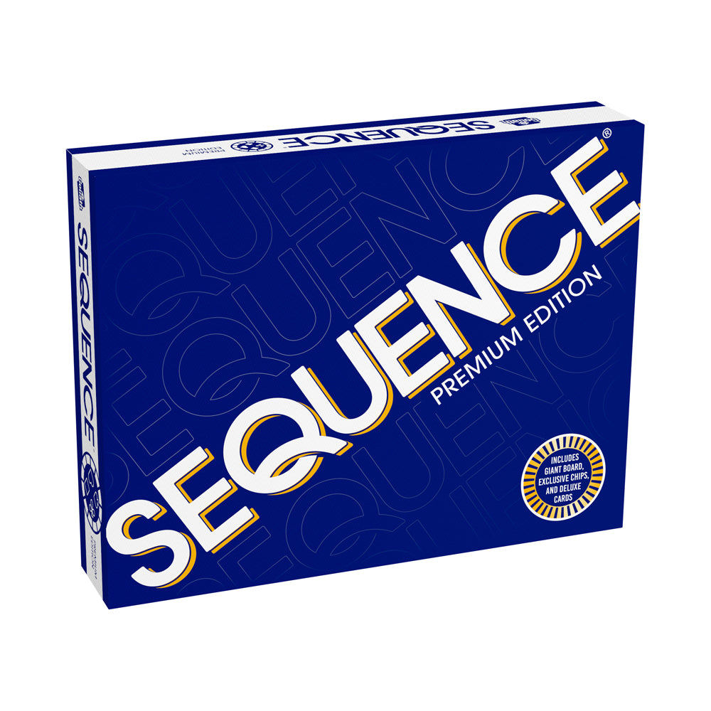 Sequence Premium Edition board game box with blue packaging, white and gold lettering, and gold seal indicating includes giant board, exclusive chips, and delux