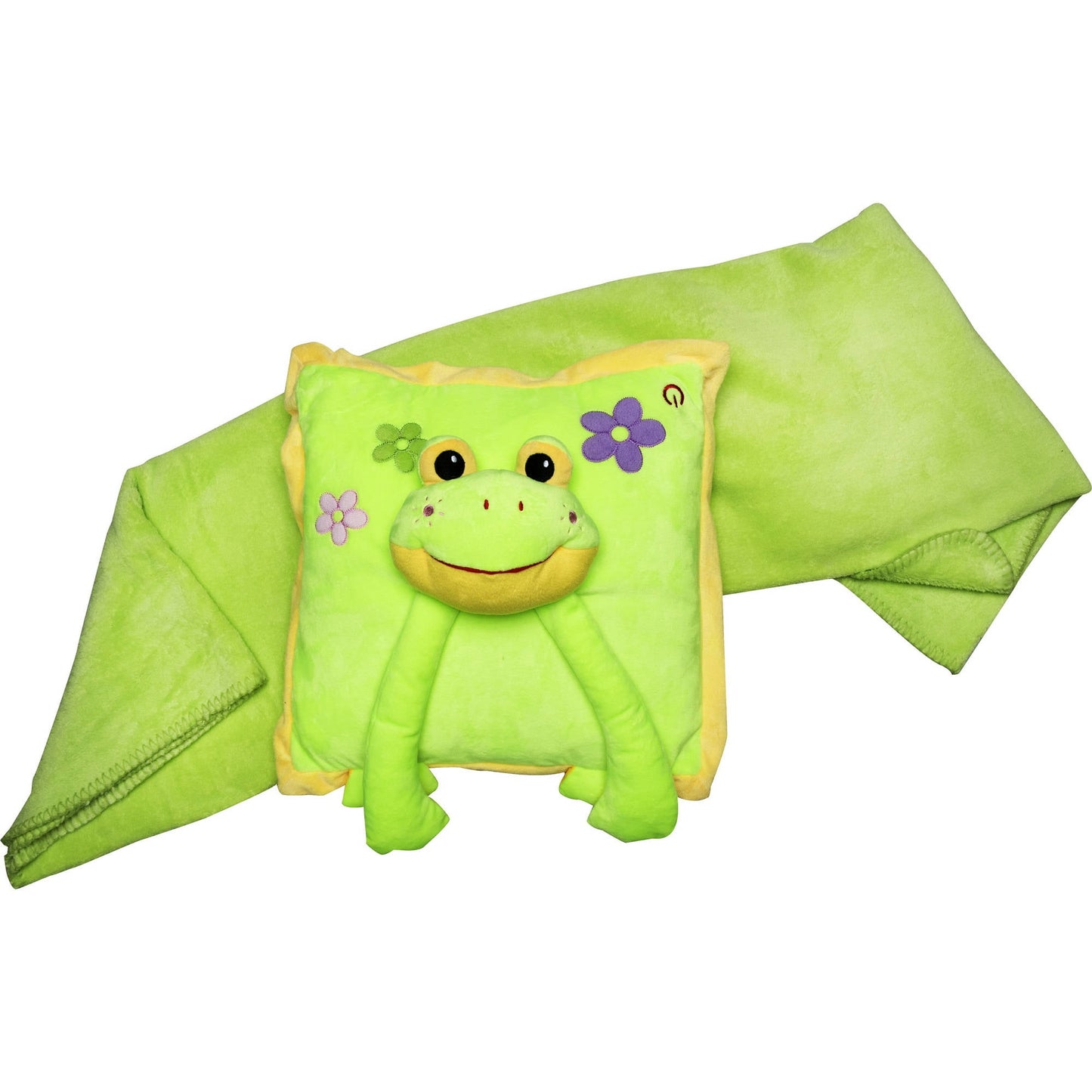 Green plush frog with yellow trim and flower details, wrapped in a coordinating green blanket with yellow binding