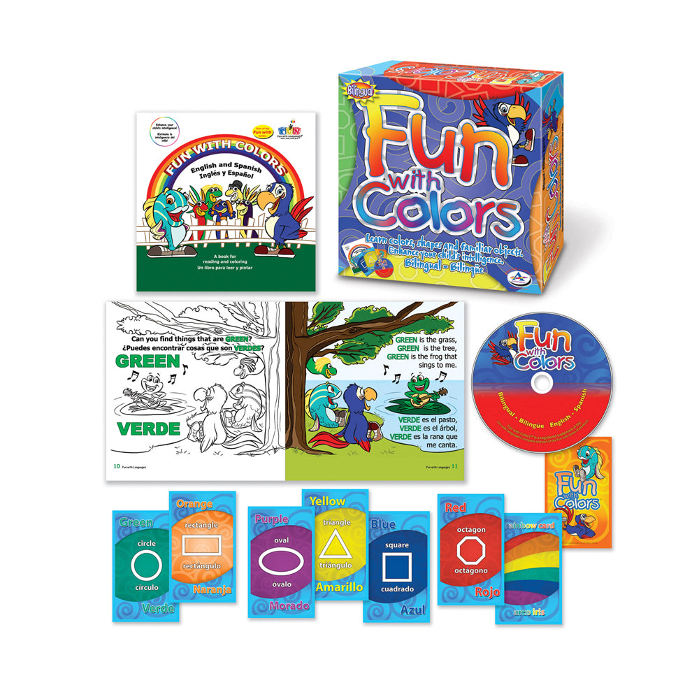 Fun with Colors bilingual learning game set contents including box, instruction booklet, coloring pages, CD, flash cards with shapes and colors in English and S