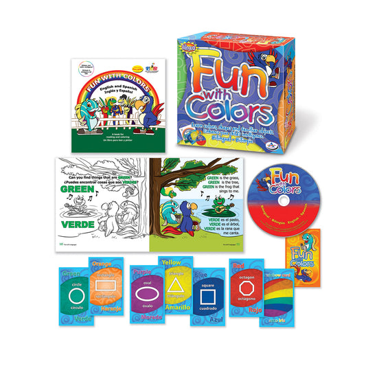Fun with Colors bilingual learning game set contents including box, instruction booklet, coloring pages, CD, flash cards with shapes and colors in English and S