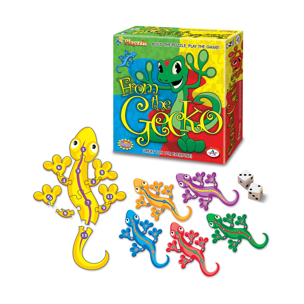 From the Gecko board game box with colorful numbered gecko puzzle pieces and two dice displayed in front