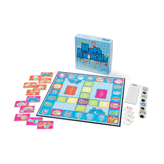 MathAnimals board game with blue box, game board with colorful animal tiles and number squares, orange and pink cards, scorecard, and game pieces