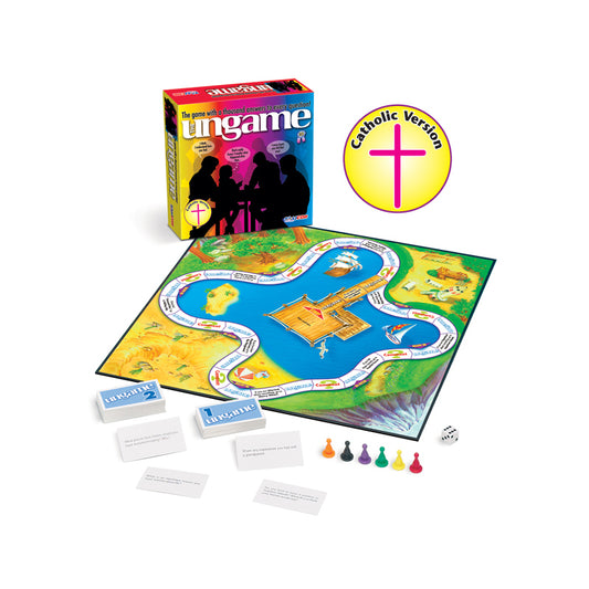 The Ungame Catholic Edition board game with box, colorful game board featuring winding path and water scenes, player pieces, cards, die, and yellow Catholic Ver
