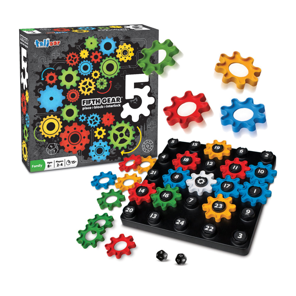 Fifth Gear board game box and components including colorful interlocking gears in red, blue, green, orange, and yellow, numbered black center pieces, a black ga