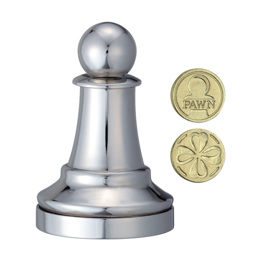 Silver metal chess pawn puzzle shown next to two gold coins for scale