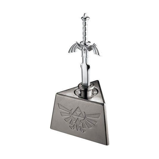 Master Sword from The Legend of Zelda with Triforce shield stand, silver metal puzzle displayed on plain background